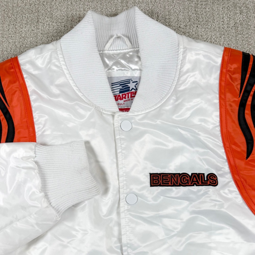 Starter Homage Mens XL Cincinnati Bengals White Satin Snap Bomber Jacket